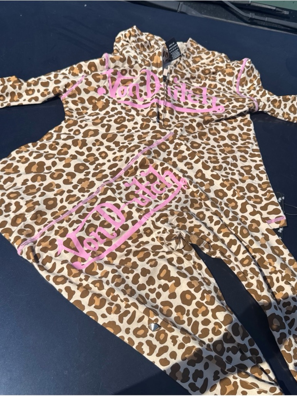 Von Dutch Leopard Print Footed Romper with Pink Logo